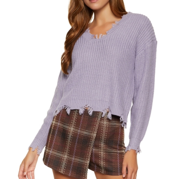 NWOT Lavender Knit Distressed V-Neck Sweater - Picture 1 of 10